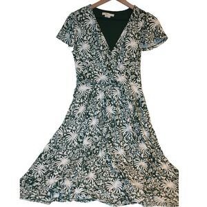 Floral Print Wrap Dress Green White Botanical Crane Bird Short Sleeve